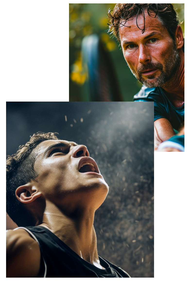 Collage de deportistas: un jugador adulto concentrado y un joven atleta mirando hacia arriba